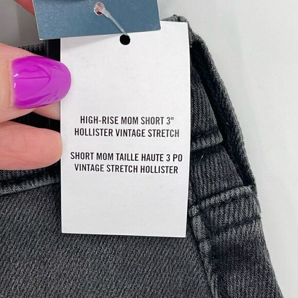 Hollister High Rise 3"‎ Mom Short Stretch Denim Faded Black Raw Hem Women 3/26 - Picture 5 of 7